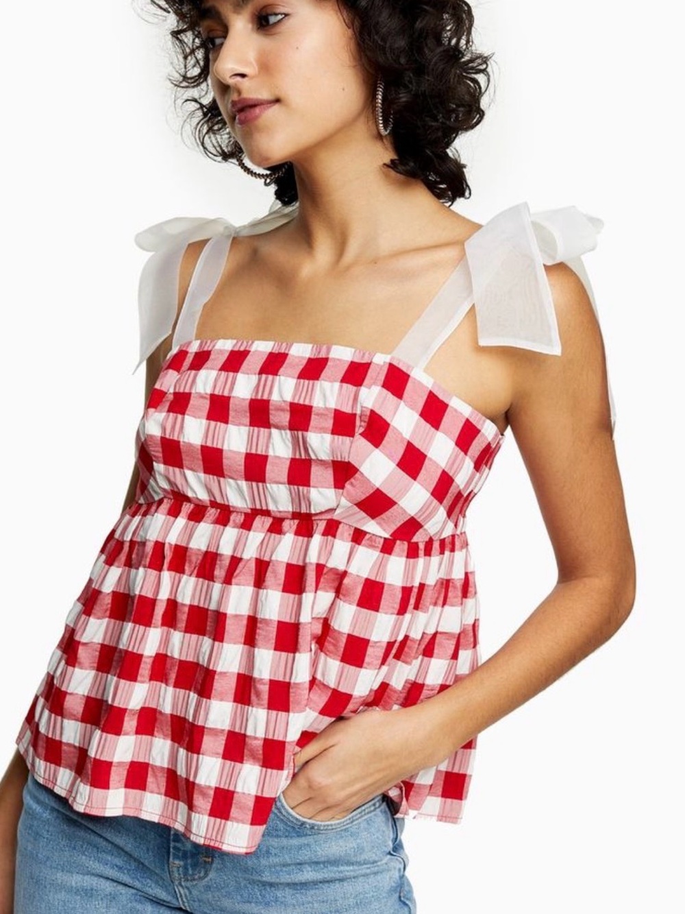 Red & White Gingham Tie-Shoulder Tank Top